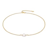 18k Gold Chain Choker Freshwater Cultured Pearl Pendant Necklace CZ Bow Charm Neck Jewelry Handmade for Women Girls