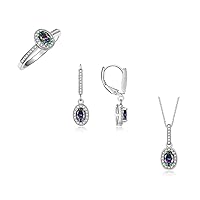 Matching Jewelry Sterling Silver Halo Designer Set: Ring, Earring & Pendant Necklace. Gemstone & Diamonds, 6X4MM Birthstone. Sizes 5-10.