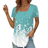 Floral Tops for Women, Women's Loose Fitting Square Neck Short Sleeved Top with Plus Size Button Down Shirts