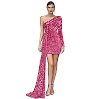 Basgute Women's One Shoulder Sequin Prom Dresses Short Long Sleeve Corset Sparkly Formal Evening Party Gowns with Train