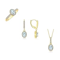 Rylos Matching Gold Jewelry 14K Yellow Gold Halo Designer Set: Ring, Earring & Pendant Necklace. Gemstone & Diamonds, 6X4MM Birthstone. Sizes 5-10.