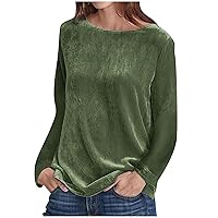 Casual Velvet Top for Women Soft Vintage T Shirts Crew Neck Long Sleeve Pullover T-Shirt Solid Color Blouses