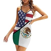American and Mexican Flag Women's Sling Dress Sexy V-Neck Dress Sleeveless Spaghetti Strap Mini Dress Bodycon Dresses