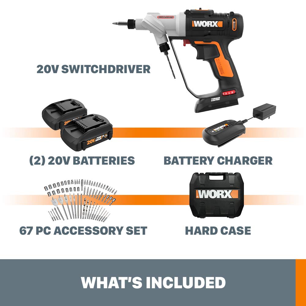 Worx WX176L.1 20V Power Share Switchdriver 2-in-1 Cordless Drill & Driver with 67pc Kit