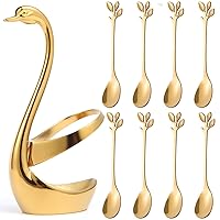 AnSaw Gold Small Swan Base Holder With Gold 8Pcs 4.7Inch leaf Handle Coffee Spoon Set