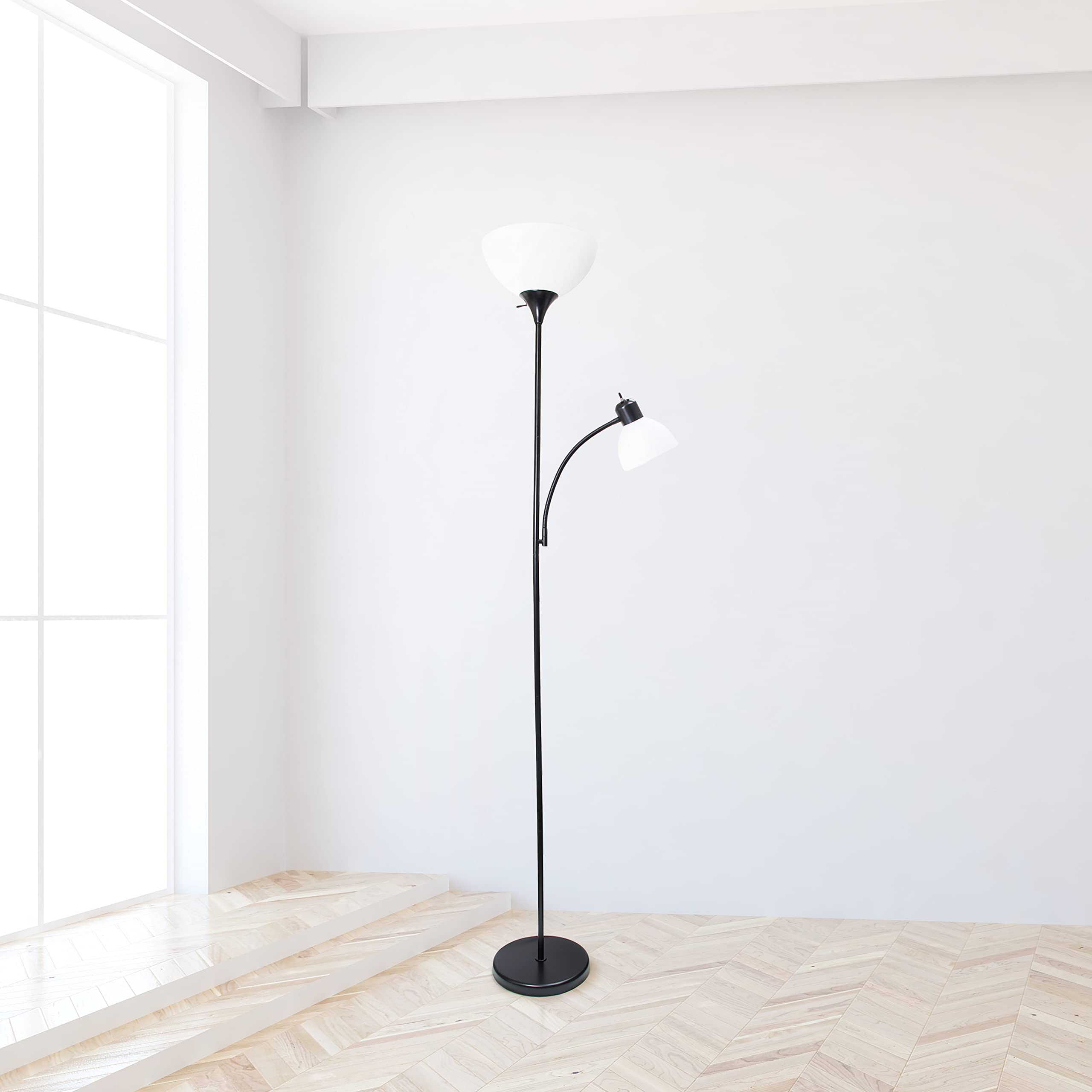 Simple Designs LF2000-BLK-2PK 2 Light Mother Daughter Floor Lamp with Reading Light, 2 Pk Black
