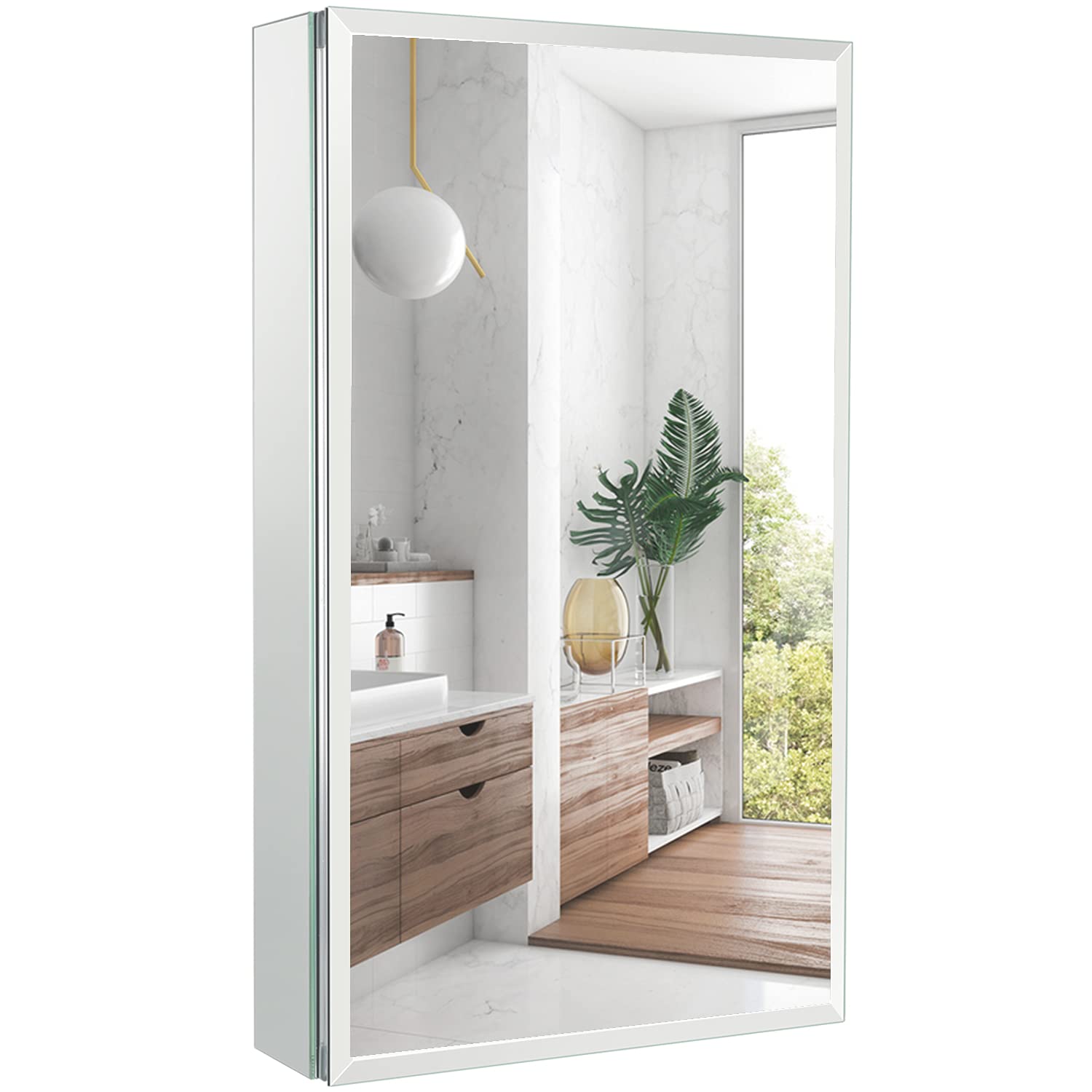 MOVO Medicine Cabinet with Mirror,15 Inch X 26 Inch Aluminum Bathroom Mirror Cabinet with Single Door,Adjustable Glass Shelves,Recess or Surface Mo...
