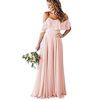 Boho Off The Shoulder Bridesmaid Dresses Long Chiffon Formal Evening Party Gowns with Pockets R005