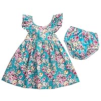 Toddler Baby Girls Cotton Casual Flower Print Ruffle Sleeve Back tie and Brief Set 1T-4T