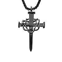 Nail Cross Crown of Thorns Large Mens Pewter Dark Metal Finish Pendant Dark Heavy Box Chain Necklace