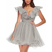 Women's Organza Short Homecoming Dresses Ruffle V-Neck Ball Gowns Party Dress Short Prom Dresses A-Line Cocktail Gowns