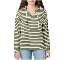 Buffalo David Bitton Womens Super Soft Knit Relaxed Fit Long Sleeve Striped Hoodie with Pockets (Large, Olive/White)