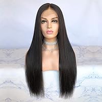 Glueless Brazilian Remy Natural Straight Lace Front Wigs Human Hair 4.5 inch Deep Parting Human Hair Wigs for Black Women 130% Density (16 inch, 1B)