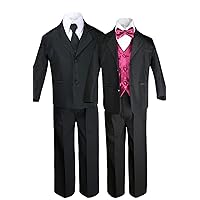 Unotux 7pc Boys Black Suit with Satin Burgundy Vest Set (S-20)