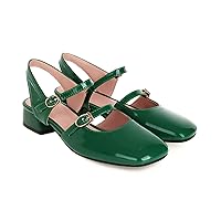 Women's Closed Sqaure Toe Mary Jane Pumps Block Low Heel Slingback Sandals Double Strap Patent Leather Dress Shoes