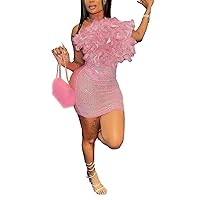LROSEY Women's Sexy Feather Birthday Dress Bodycon Mesh Sheer Strapless Sleeveless Rhinestone HOCO Mini Dresses 2023
