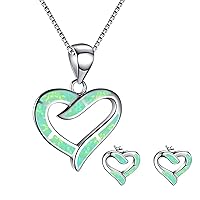 Ladies Shining Heart Jewellery Set For Women - Necklace Pendant & Matching Earrings - Girls Opal Glitter Enamel & Silver Plated Cute Charms - with Gift Box