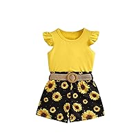 Floerns Girl's 2 Piece Outfits Floral Ruffle Cap Sleeve Tee and Belted Shorts Sets