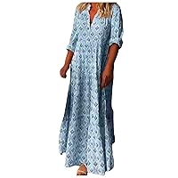 Floral Dress,Long Sleeve Dress for Womens Pleated V Neck Plus Size Tiered Maxi Dress Casual Boho Loose Flowy B