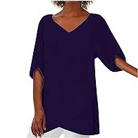 Women Crinkle Half Sleeve Tunic Tops Cotton Linen Cross Hem Fashion Casual Loose Blouses Summer Vneck Solid T-Shirts