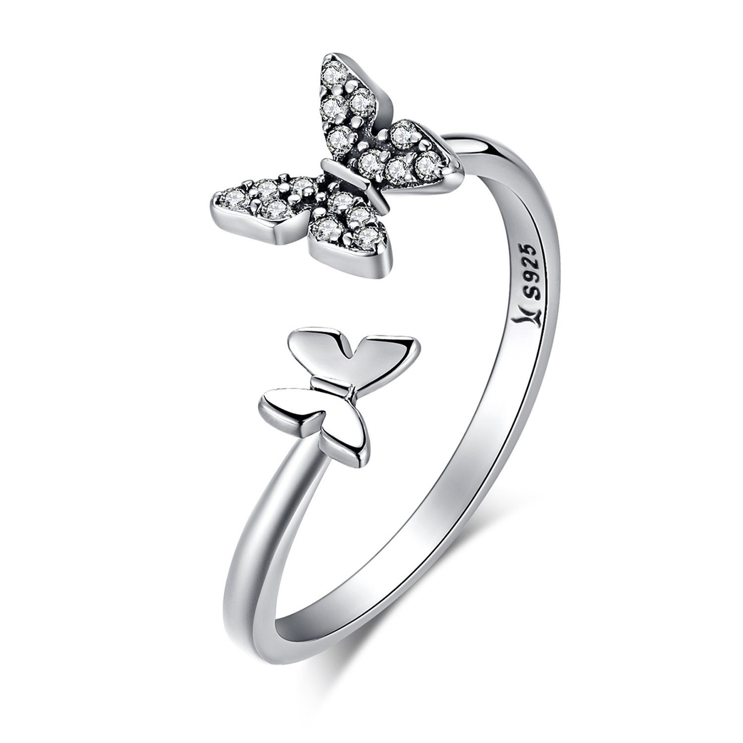 XOYOYZU 925 Sterling Silver Butterfly White Birthstone CZ Ring Expandable Open Rings Adjustable for Women Jewelry