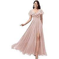 Long Bridesmaid Dresses V Neck Bridesmaid Dresses with Slit Ruffle Chiffon Formal Evening Gowns