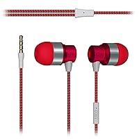 Coby Noise Isolating Metal Wired Earbuds| Wired Headphones w/Tangle Free Braided Wire |Built-in Microphone for Ear Buds| Noise Canceling Headphones w/ 3.5mm AUX| S/M/L Comfort Ear Gels| Red
