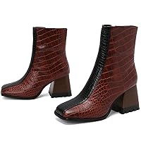 LEHOOR Women Square Toe Ankle Boots Chunky Block Heel Side Zipper Sock Booties Crocodile Snakeskin Two-Toned Combat Boots Patchwork Multicolored Fall Dress Boot Chic Fashion Party Work 4-15 M US