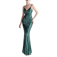 Women's Spaghetti V-Neck Sequins Sleeveless Mermaid Evening Dress
