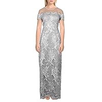 JS Collections Womens Gray Zippered Scalloped High Back Slit Lined Short Sleeve Illusion Neckline Full-Length Cocktail Sheath Dress 2