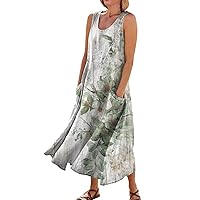 Linen Dress for Women 2024 Summer Flowy Tank Dress Casual Sleeveless Long Dress Printed Maxi Dresses with Pockets