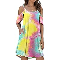 Jouica Women's Summer Casual Spaghetti Strap Sundress Dress Cold Shoulder Ruffle Sleeves Dresses with Pocket