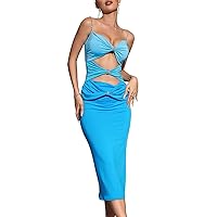 houstil Women's Strappy Bodycon Dress Rhinestone Cut Out Maxi Beach Evening Party Cocktail Dresses