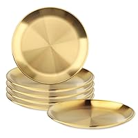 Stainless Steel Plate,6 Pack 304 Stainless Steel Dishes 304 Dinner Dishes,feeding Serving Camping Plates Serving Flat Plate for Home Kichten, Outdoor Camping, Snack, Pizza and BBQ (Gold)
