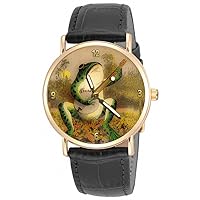Whimsical Frog Playing Banjo Vintage Art Print 30 mm Solid Brass Unisex Collectible Watch with Pinewood Gift Box