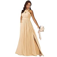 Champagne Bridesmaid Dress Chiffon Halter Formal Gown Evening Dresses for Women Size 16