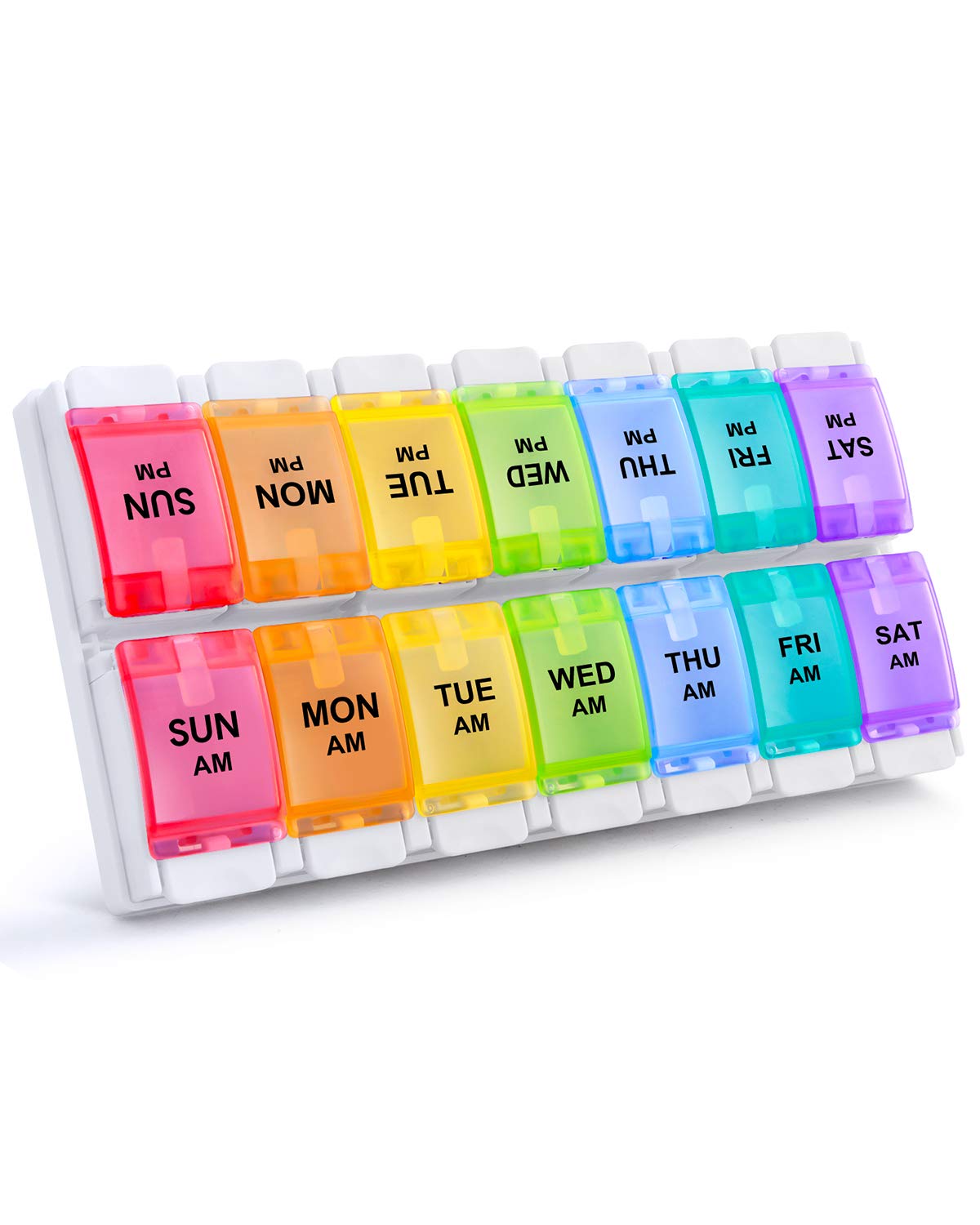 AM PM Weekly 7 Day Pill Organizer, Sukuos Large Daily Pill Cases with Easy Push Button Design for Pills/Vitamin/Fish Oil/Supplements (Rainbow)