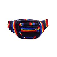 Rainbow Multicolored Woven Striped Pattern Lightweight Fanny Pack Waist Bag - Handmade Belt Pouch Boho Travel Accessories (Black-Stripes)
