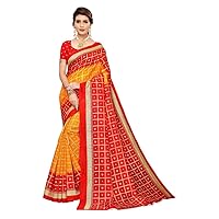 Women's Art Silk Banarasi Style Saree with Blouse Piece (Multi-Color_Free_Size) Bandhani Checks Yellow