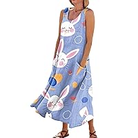 Orders Easter Dress for Women 2024 Bunny Print Casual Loose Fit Spaghetti Strap with U Neck Sleeveless Flowy Dresses Light Purple X-Large