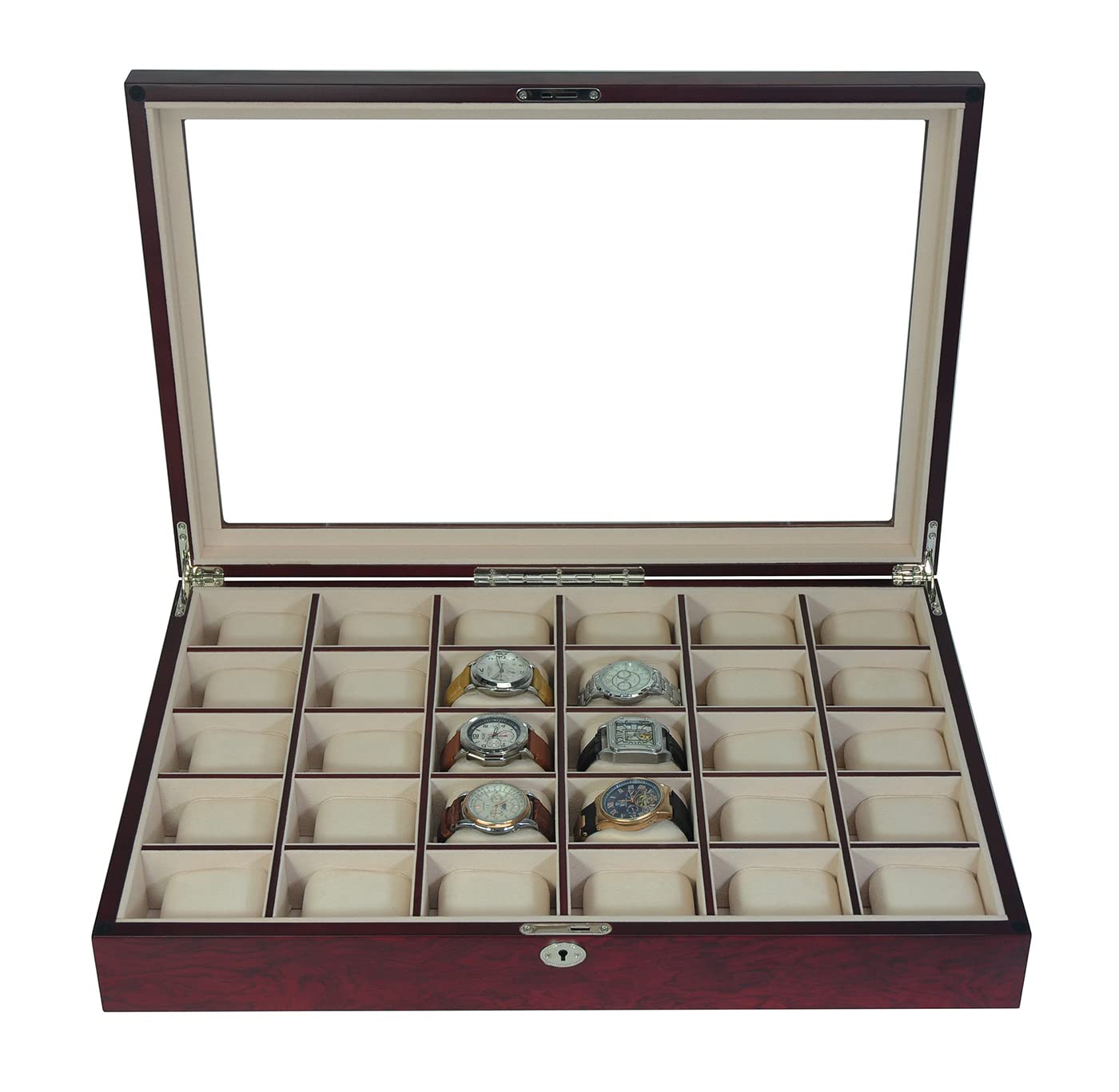 TimelyBuys 30 Piece Cherry Wood Watch Display Wall Hanging Case and Storage Organizer Box and Stand Father's Day