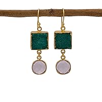 Agate Druzy & Crystal Quartz Gemstone Hook Earring | Gold Plated Bezel Set Dangle Hook Earring | Square & Cushion Shape Handmade Drop Earring Jewelry | Gift For Her | 1906)1