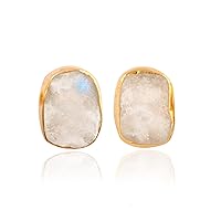 Guntaas Gems Raw Rough Moonstone June Birthstone Brass Gold Electroplated Push Back Stud Earrings For Girlfriend Gift