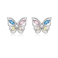925 Sterling Silver Butterfly Earrings for Girls, Multicolored CZ Hypoallergenic Butterfly Stud Earrings Butterfly Gifts for Daughter Granddaughter