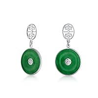 Asian Style Circle Round Donut Good Fortune Fu Character Chinese Symbol Dyed Green Jade Disc Dangle Drop Earrings For Women 14K Gold Plated.925 Sterling Silver