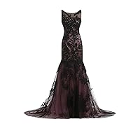 Designer Formal Evening Pageant Dress Mermaid Illusion-Neck Floral Lace Size 10- Black