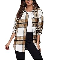 TUNUSKAT Shacket Jacket Women Casual Plaid Long Sleeve Flannel Shirt Fall Spring Lapel Button Down Cardigan Coats Loose Fit