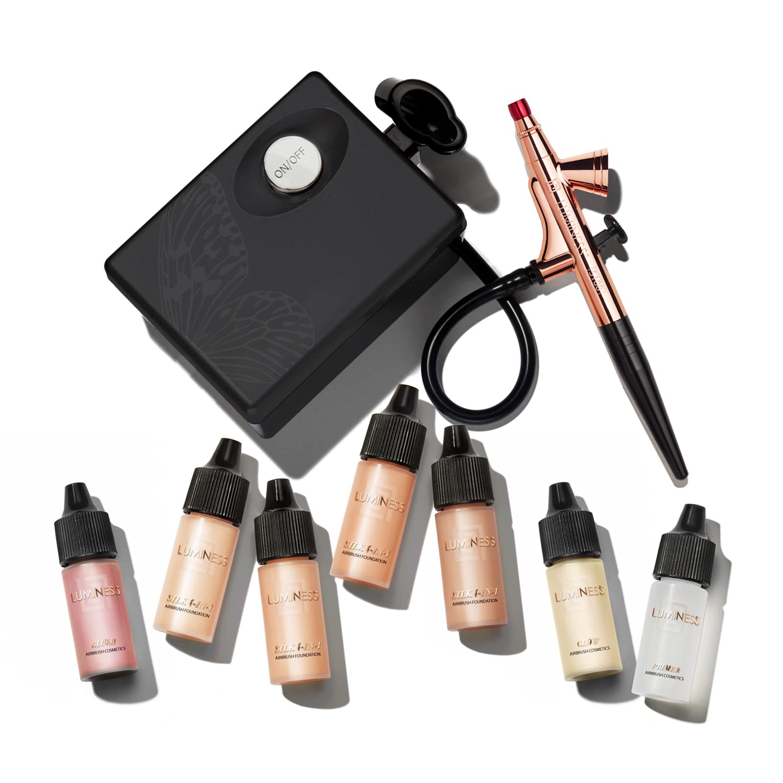 Luminess Air Basic Airbrush Makeup Kit and 9-Piece Silk 4-In-1 Airbrush Foundation Starter System, Warm Coverage - Quick, Easy and Long Lasting Application - Includes Primer, Blush and Glow