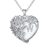 Necklaces for Women Women Necklace Sterling Silver Heart Rose Flower A-Z Letter Initial Pendant with Heart Opal Birthday Christmas Anniversary Jewelry Gifts for Women Girls Her Daughter Mom