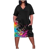 Plus Size Summer Trendy Graphic Casual T-Shirt Dress Womens Short Sleeve V-Neck Oversized Tunic Swing Midi Dresses